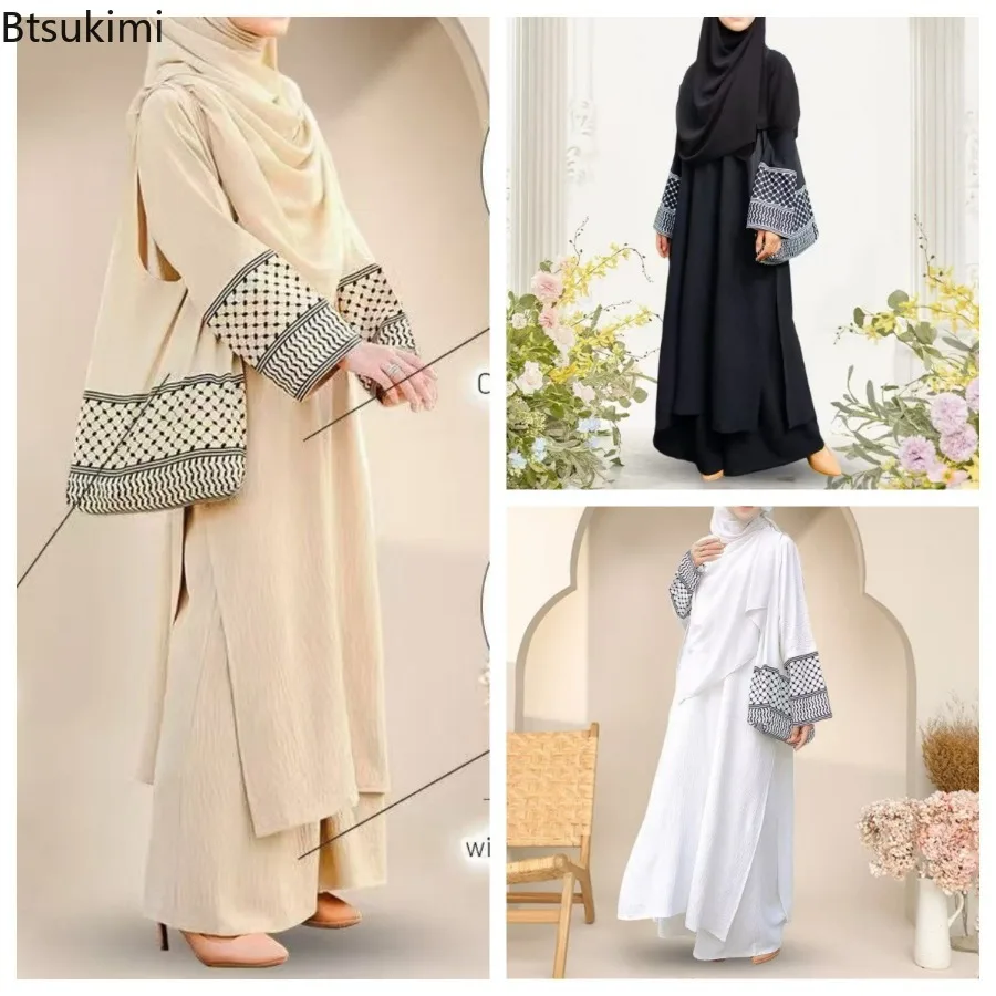 

Fashion Muslim Sets Women Long Robe Tops Wide Leg Pants and Tote Bag 3 Piece Sets Eid Print Abaya Ramadan Morocco Kaftan Outfits