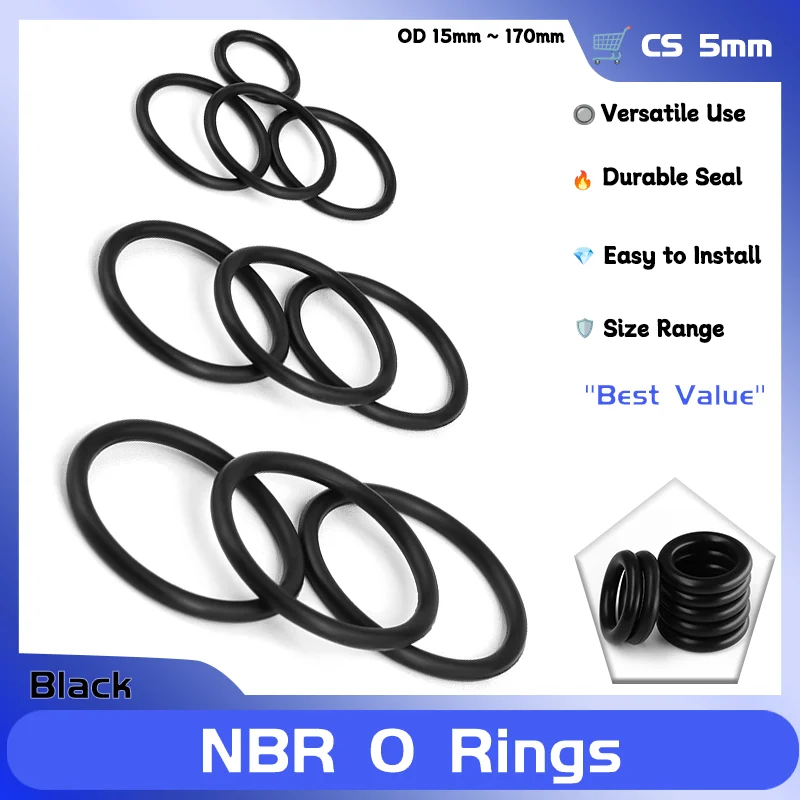 

Black NBR O Ring Thickness CS 5mm OD 15mm ~ 170mm Nitrile Rubber Gasket Round O Type Corrosion Oil Resist Sealing Washer 5/10pcs