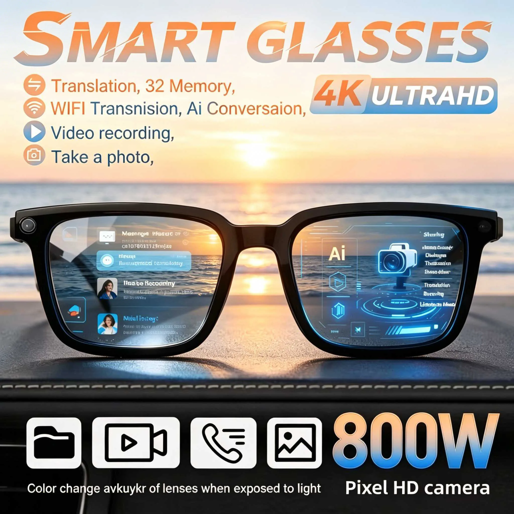 Gafas Inteligentes con Audio Inalámbrico, Cámara HD 1080P de 8MP, Bluetooth 5.4, Auriculares de Oreja Abierta, Micrófono Dual ENC, Detección de Uso, Gafas de Sol para Ciclismo