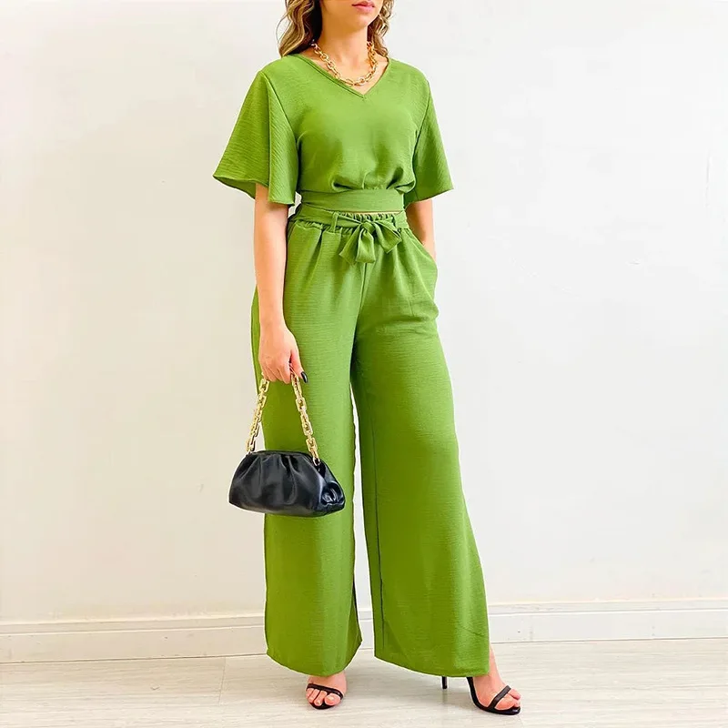 Women's 2022 Autumn New Products V-neck Lotus-sleeved Short-sleeved Shirts High-waisted Wide-leg Pants Large Size Casual Suits