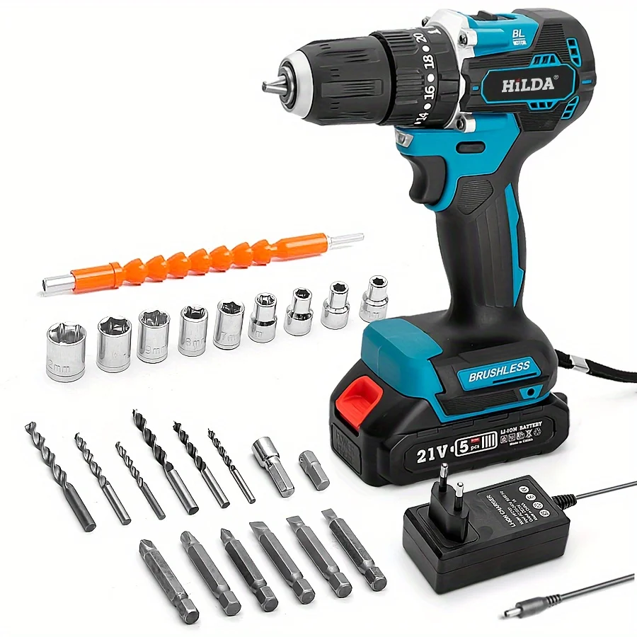 HILDA  21V Multi Functional Electric Drill Cordless Charger Power Tools 23+1 Torque Screwdriver with 2 Batteries