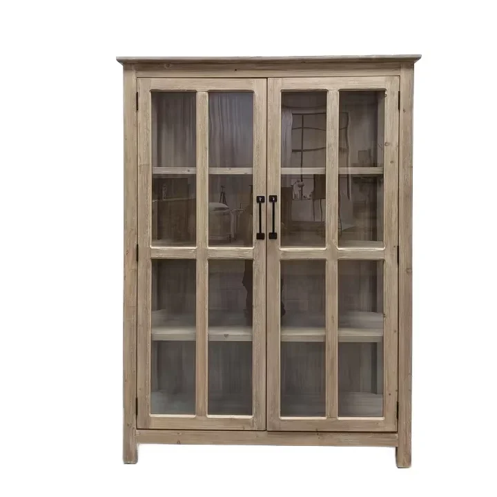 Solid Wood Retro Storage Cabinet with Glass Door Home Bookcase and Drop Zone against the Wall Display Cabinet