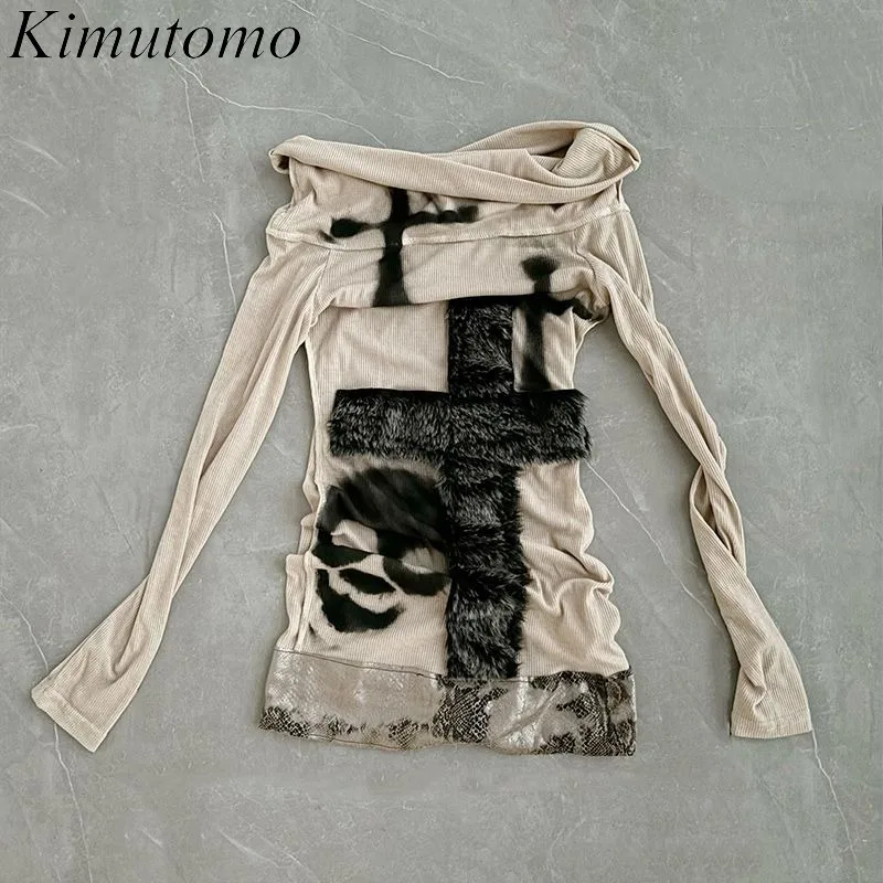 Kimutomo T เสื้อผู้หญิงขนสัตว์ Patchwork เซ็กซี่ Harajuku Punk Skull พิมพ์ Slash คอ Y2k เสื้อ Streetwear ปิดไหล่ Vintage Tees