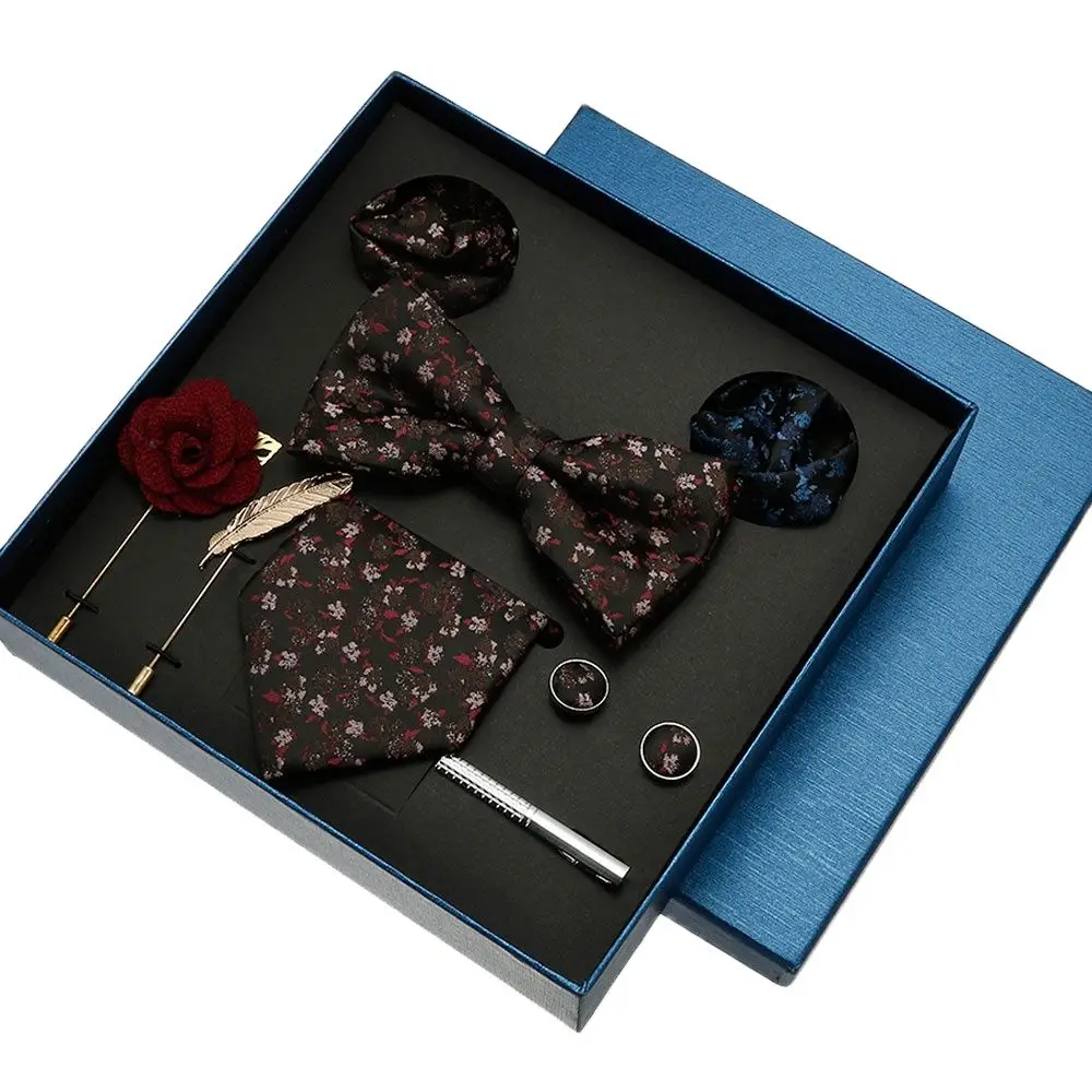 Luxury Silk Tie Hankies Set In a Box Mens Necktie Bowtie Cufflinks Sets Wedding Accessories Butterfly For Men 2023 Holiday Gift