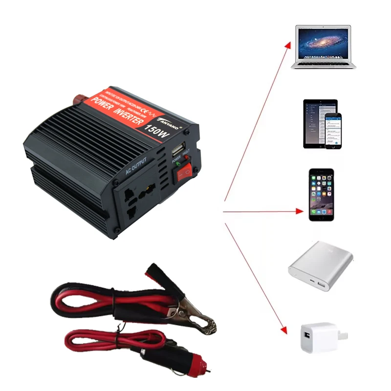 150W Portable Power Car Inverter Car Inverter Solar Inverter USB DC 12V to AC 220V Conversion USB Battery Clip Universal socket
