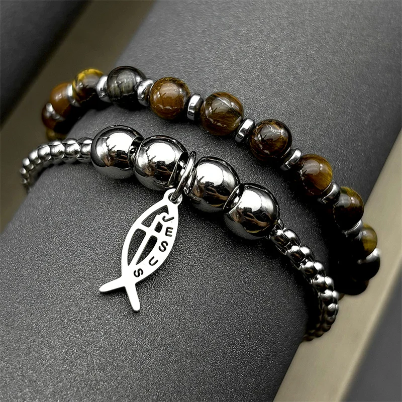 Ichthys Jesus Fisch Kreuz Christus Armband für Damen und Herren Edelstahl Goldfarben Christlicher Tigerauge-Stein Handkette Schmuck