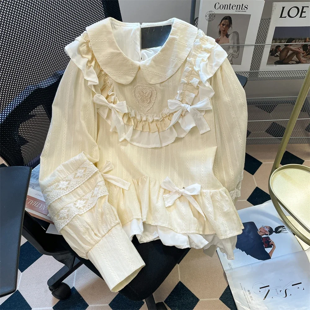 Vintage Cotton Victorian Ruffled Lace Bow Long Sleeve Blouse for Women Retro Chic Sweet Cottagecore Kawaii Lolita Rococo Blouse