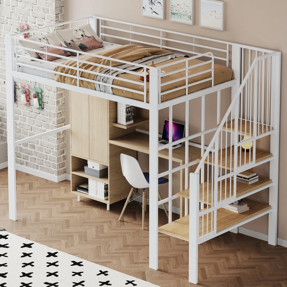 Stabiles Hochbett aus Metall, 90 x 200 cm/140 x 200 cm, mit geräumigem Stauraum unter dem Bett und Treppe für Kinder und Erwachsene, Bettgestelle und -gestelle – Detail 26