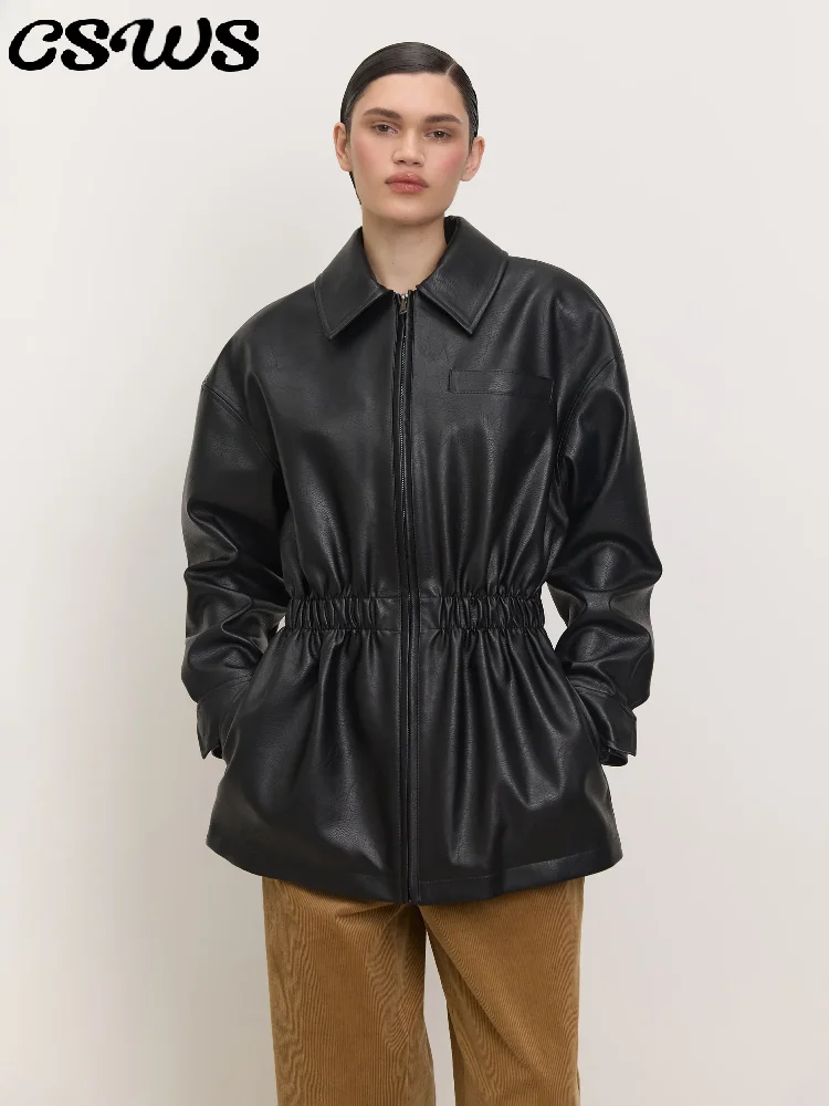 سترة فضفاضة أنيقة بسحاب من البولي يوريثان للنساء بأكمام طويلة وجيوب وطية صدر السترة سترات بخصر مطاطي للسيدات موضة 2025 ملابس خارجية تناسب الجميع