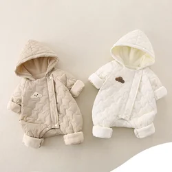 Autumn Winter Baby Clothes 0-2Y Newborn Thick Jumpsuit Boys Fur Lining Warm Romper Toddler Girls Cute Hooded Outdoor Clothing