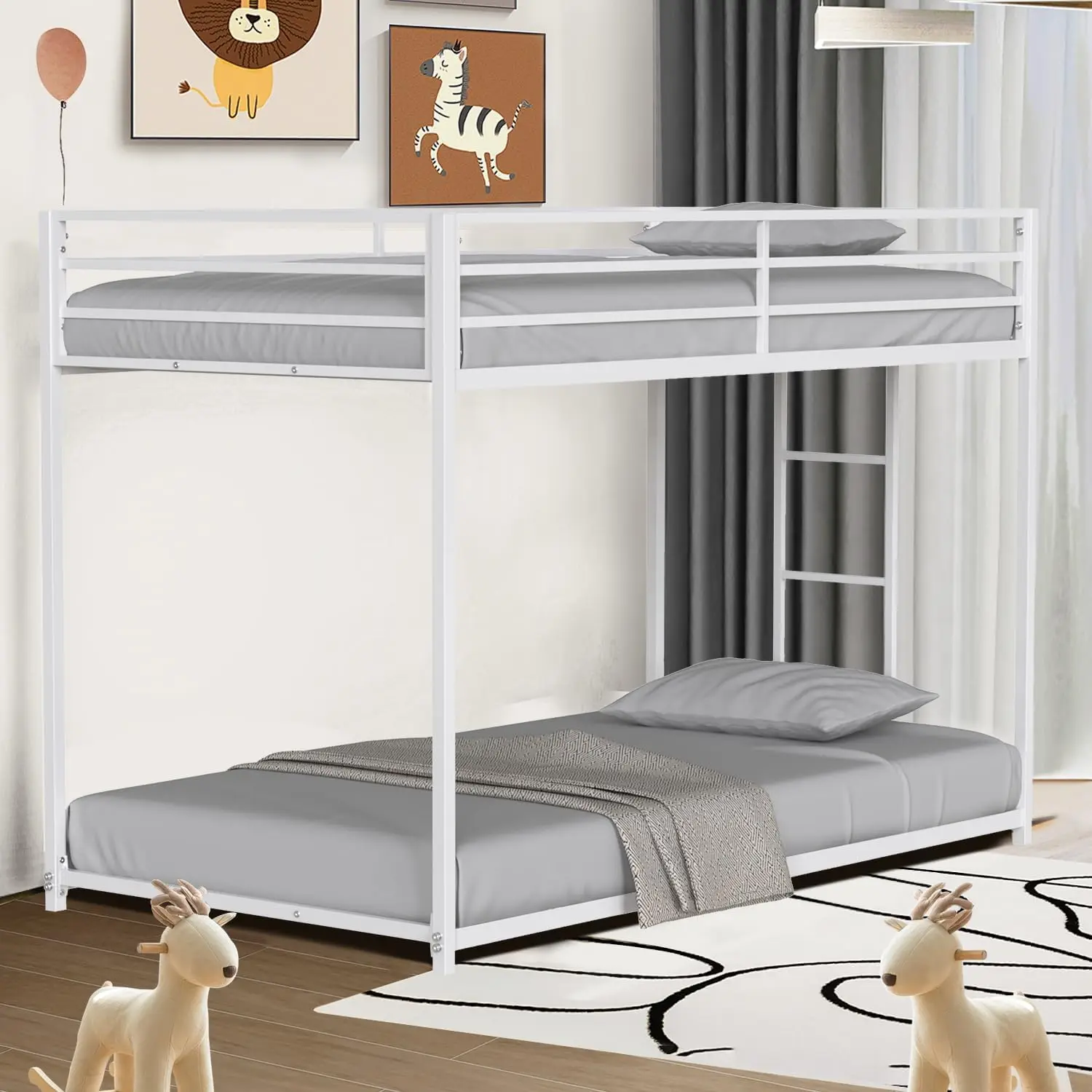 Twin Over Twin Bunk Bed - Lifesky Metal Low Profile Bunkbed With Side Ladder White