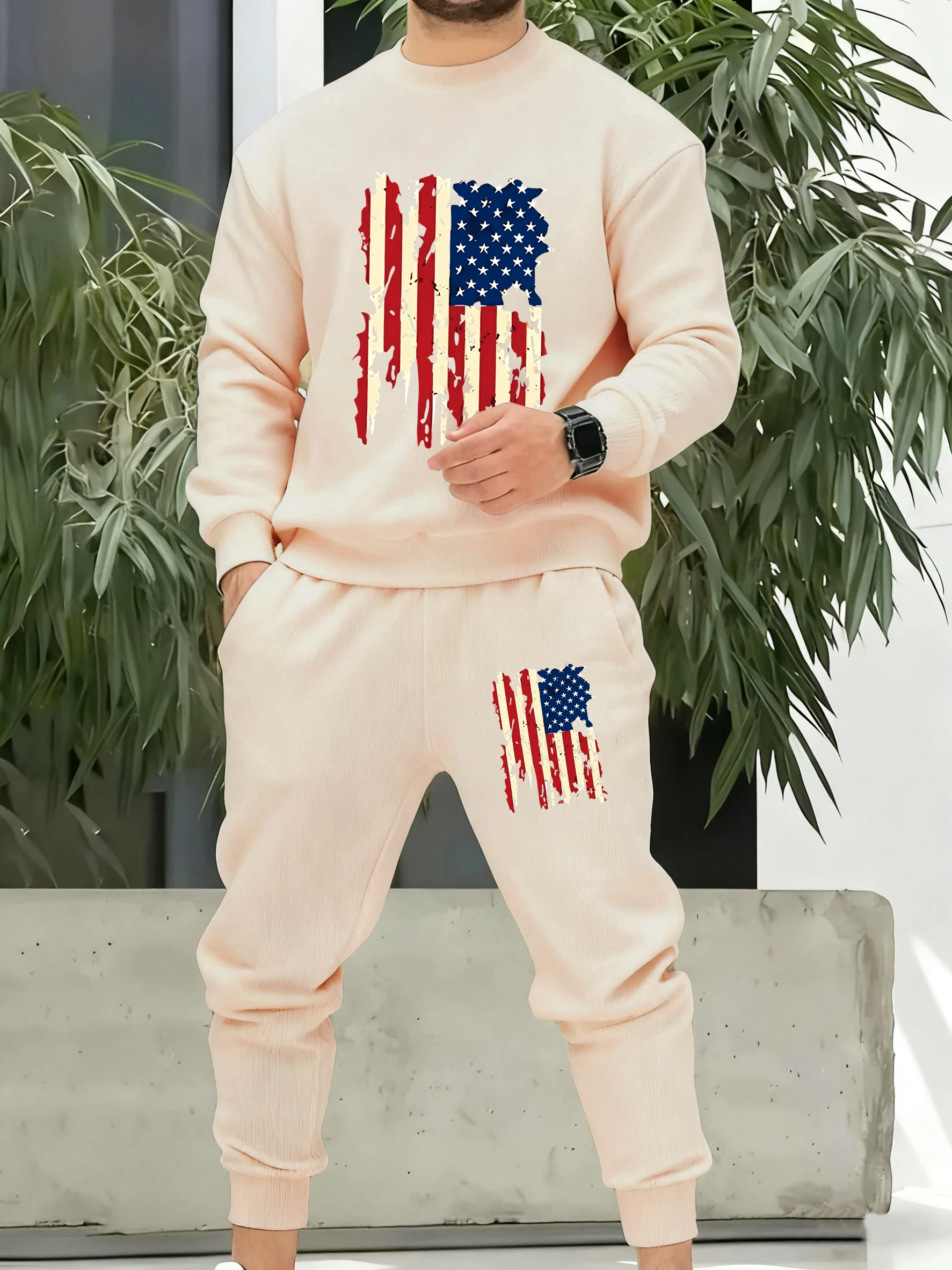 Retro American Flag Printing Male Tracksuit Hip Hop Colour Top Fleece Simple Pants Vintage Sportset Man Loose Basics Clothes