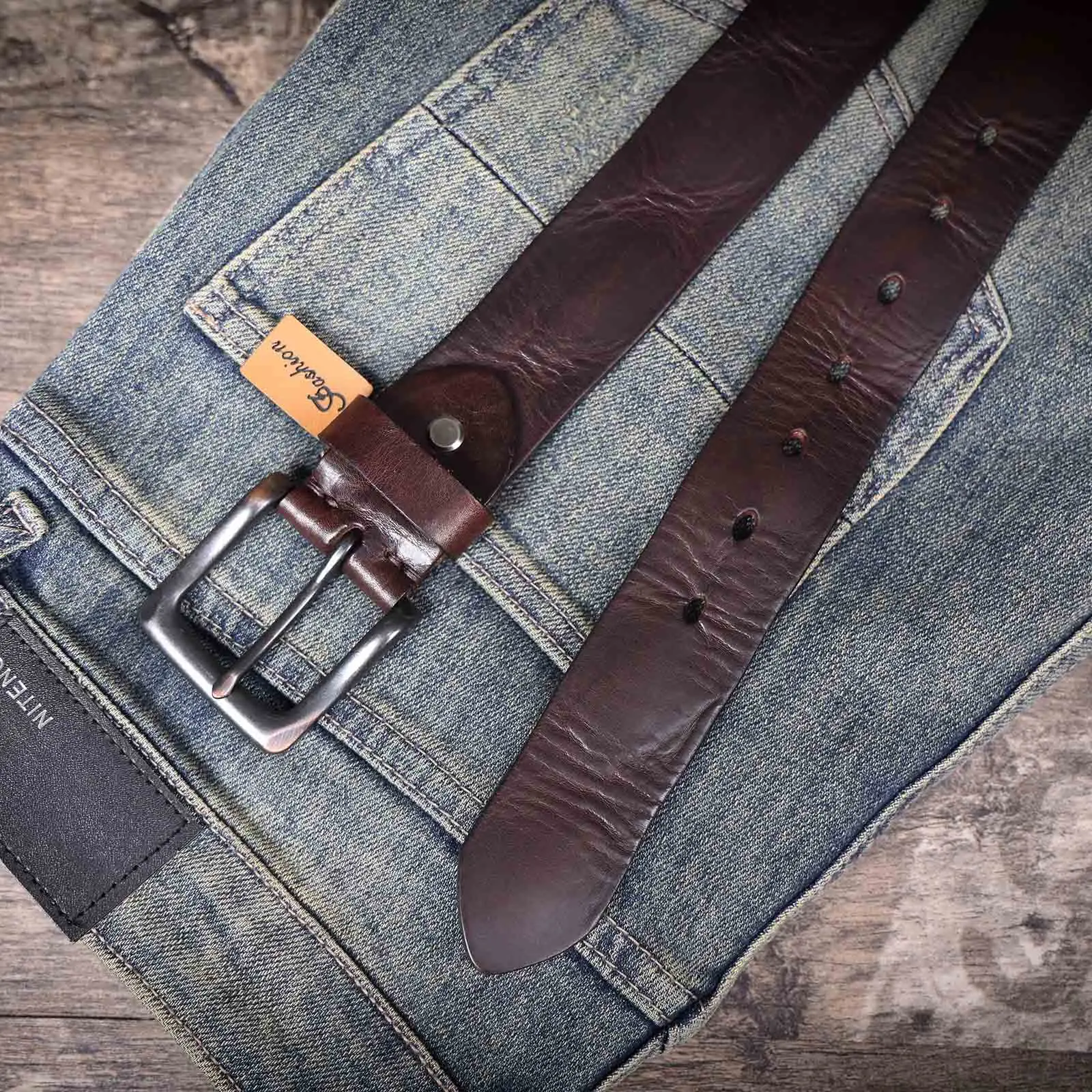 Vintage Echtleder Herren-Gürtel aus Rindsleder mit Dornschließe, Italienisches Verdicktes Leder mit Geschenkbox, Ideale Geschenkwahl – Detail 15