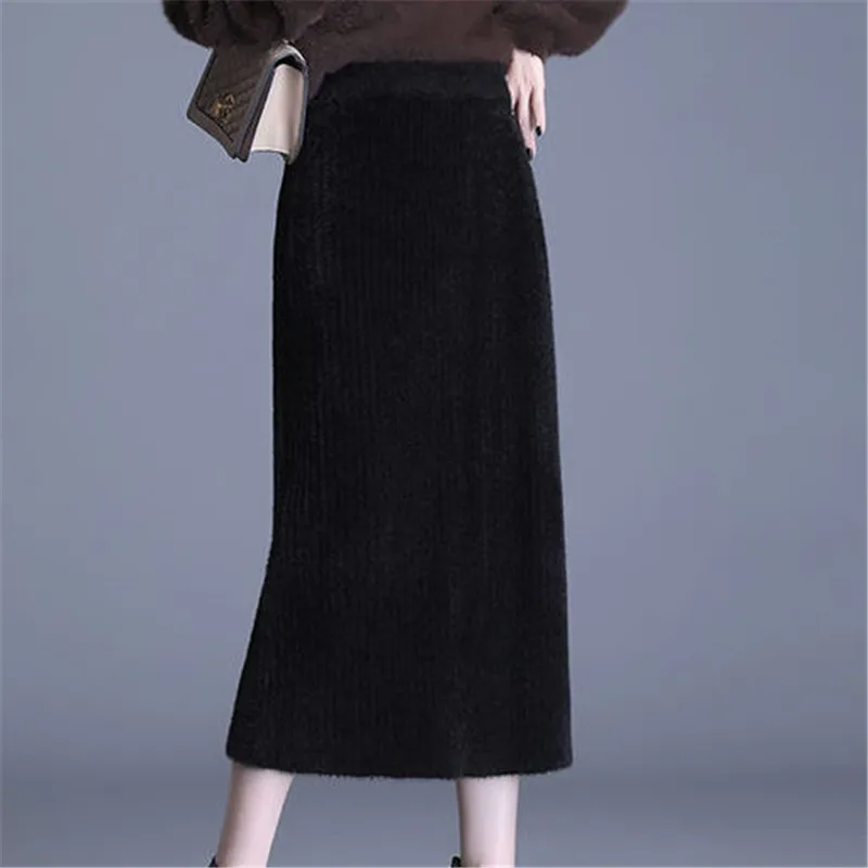 

Imitation Mink Velvet Thickened Knitted Skirt Autumn Winter New Korean Mixi Skirts Women Elastic High Waist Black Long Skirts