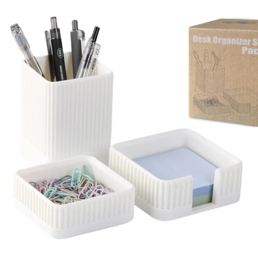 Aesthetic Desk Organizers and Accessories Set of 3 with Pen Holder, Paperclip Holder, Sticky Note Holder - Durable Plastic Penc