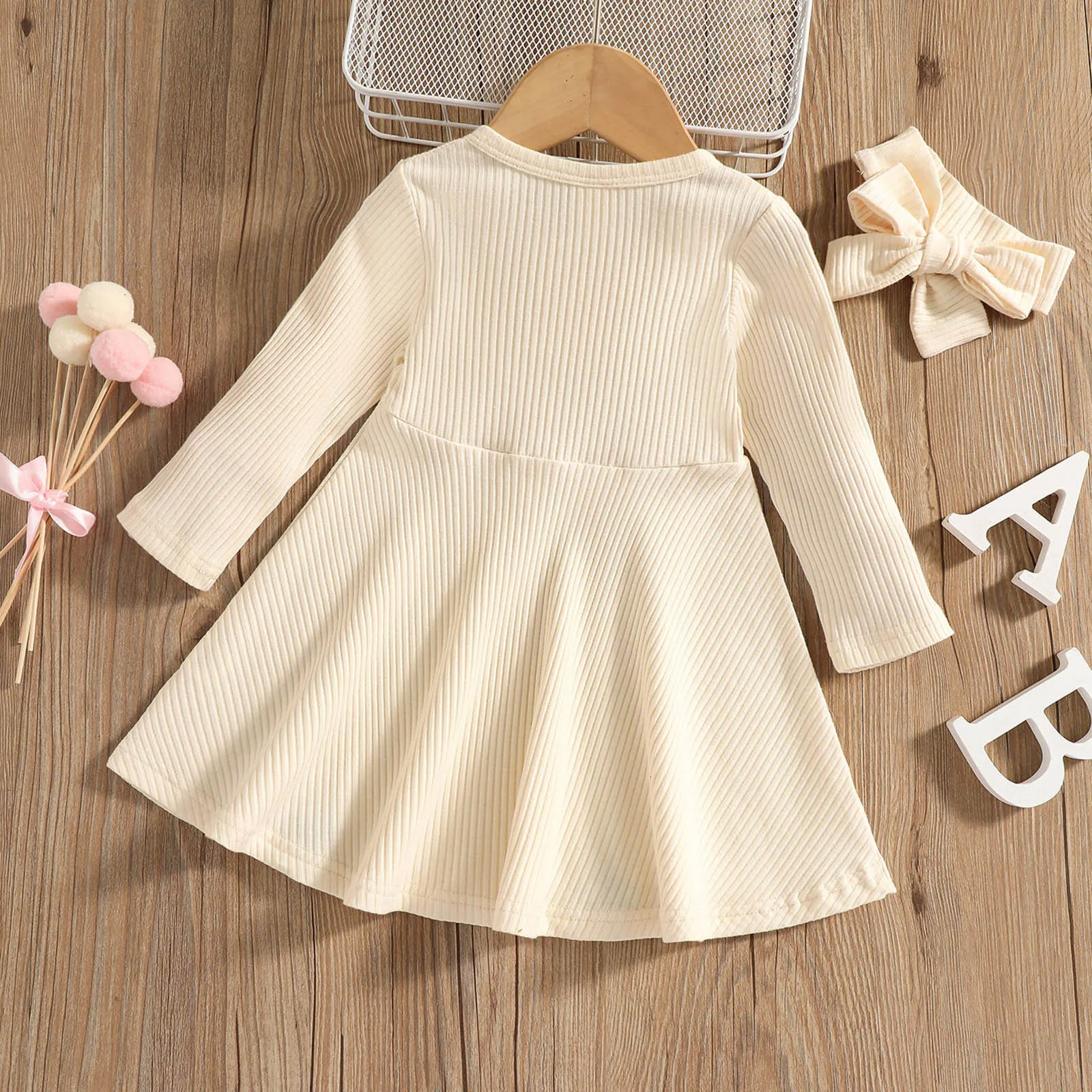 1 2 3 4 5 Years Toddler Infant Baby Girls Dress Spring Autumn Casual Solid Ribbed Long Sleeve Princess Dress With Headbands