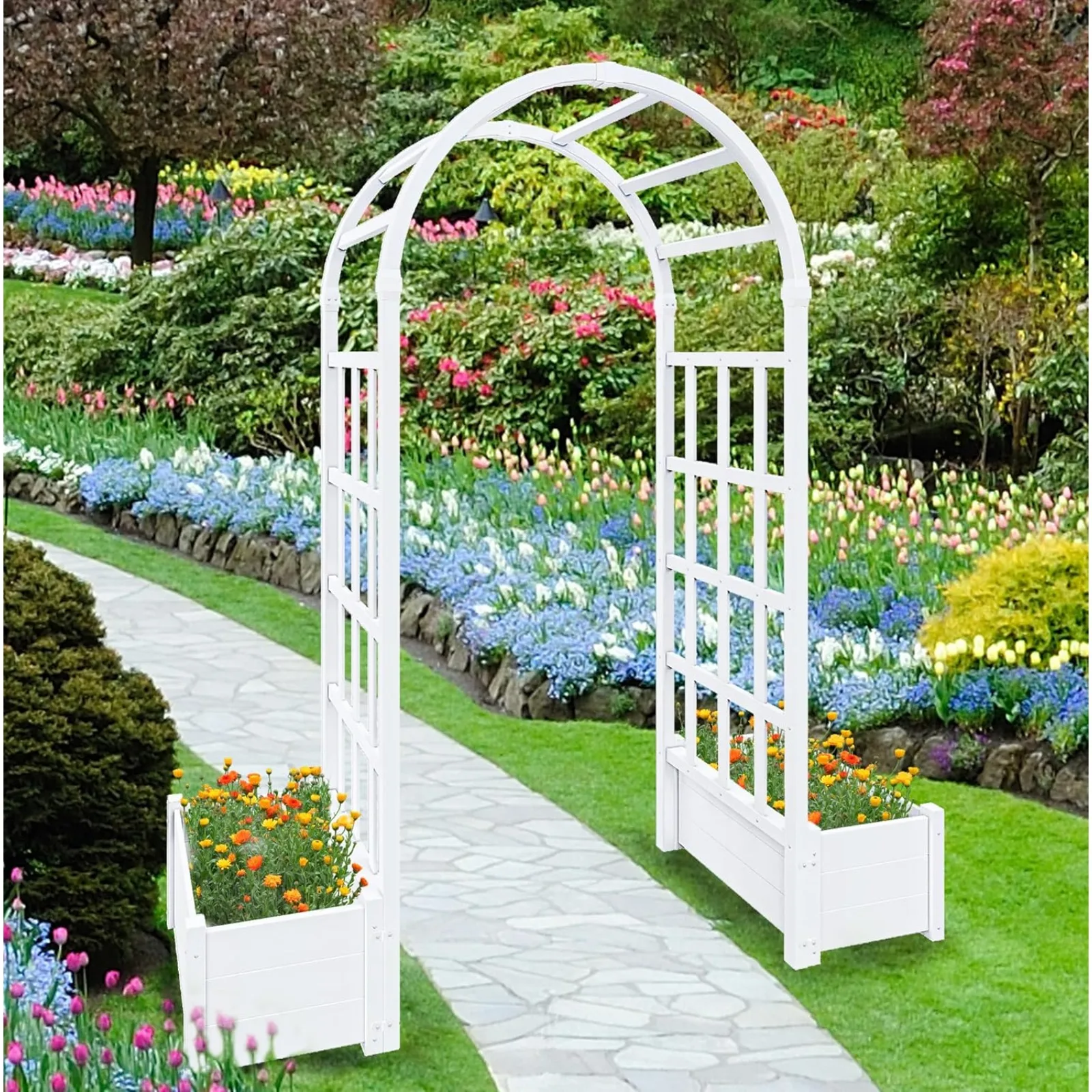 

US No-Dig 40" W x 86" H Vinyl Arbor with Planter Box, Vinyl Planter Arch with Trellis, Garden Arbor for Climbing Plants, Yard