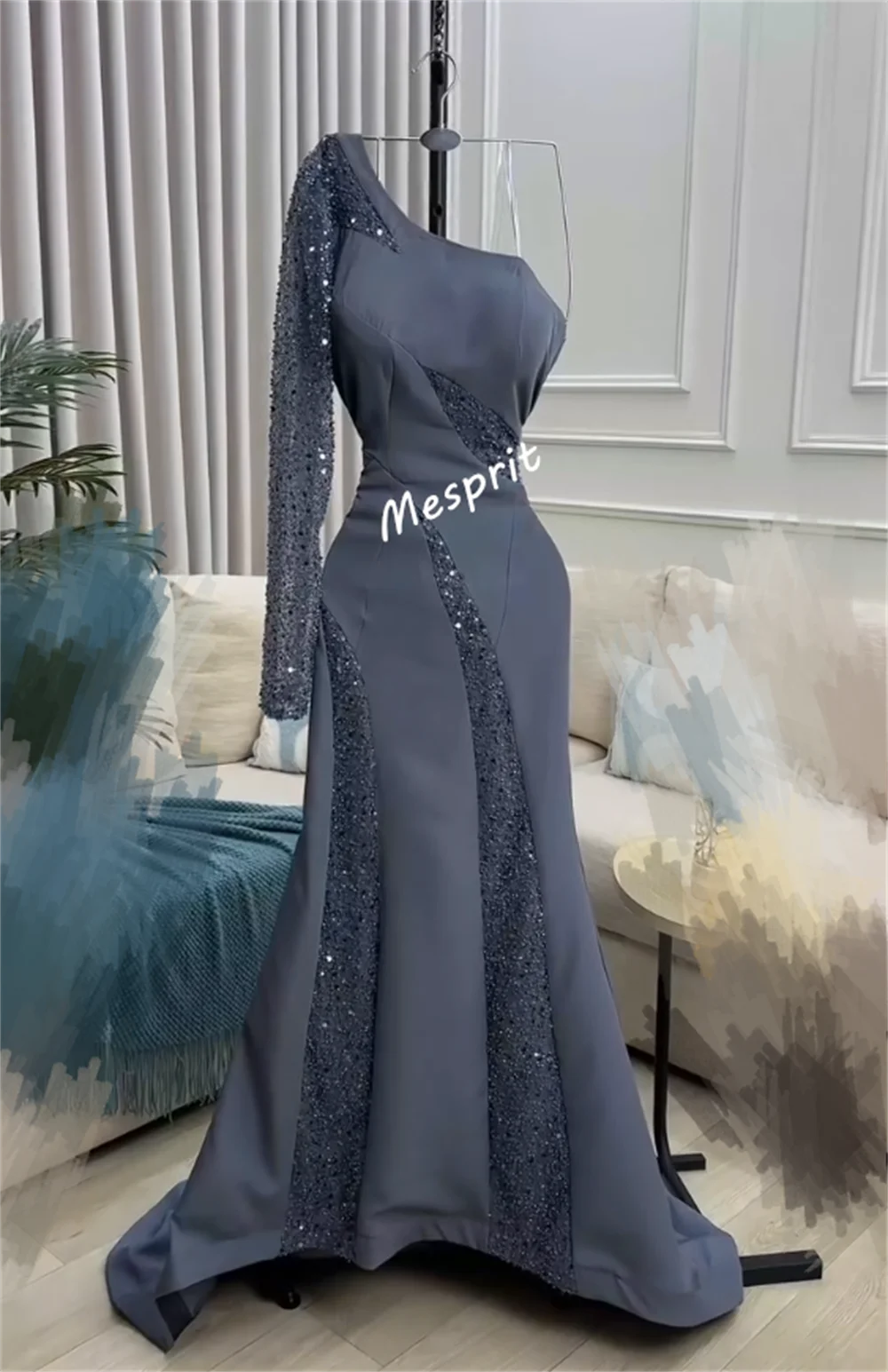 Customized Jersey Pleat SequinedCharming One-shoulder Mermaid Long Dresses Bespoke Occasion Evening Dress Elegant Party