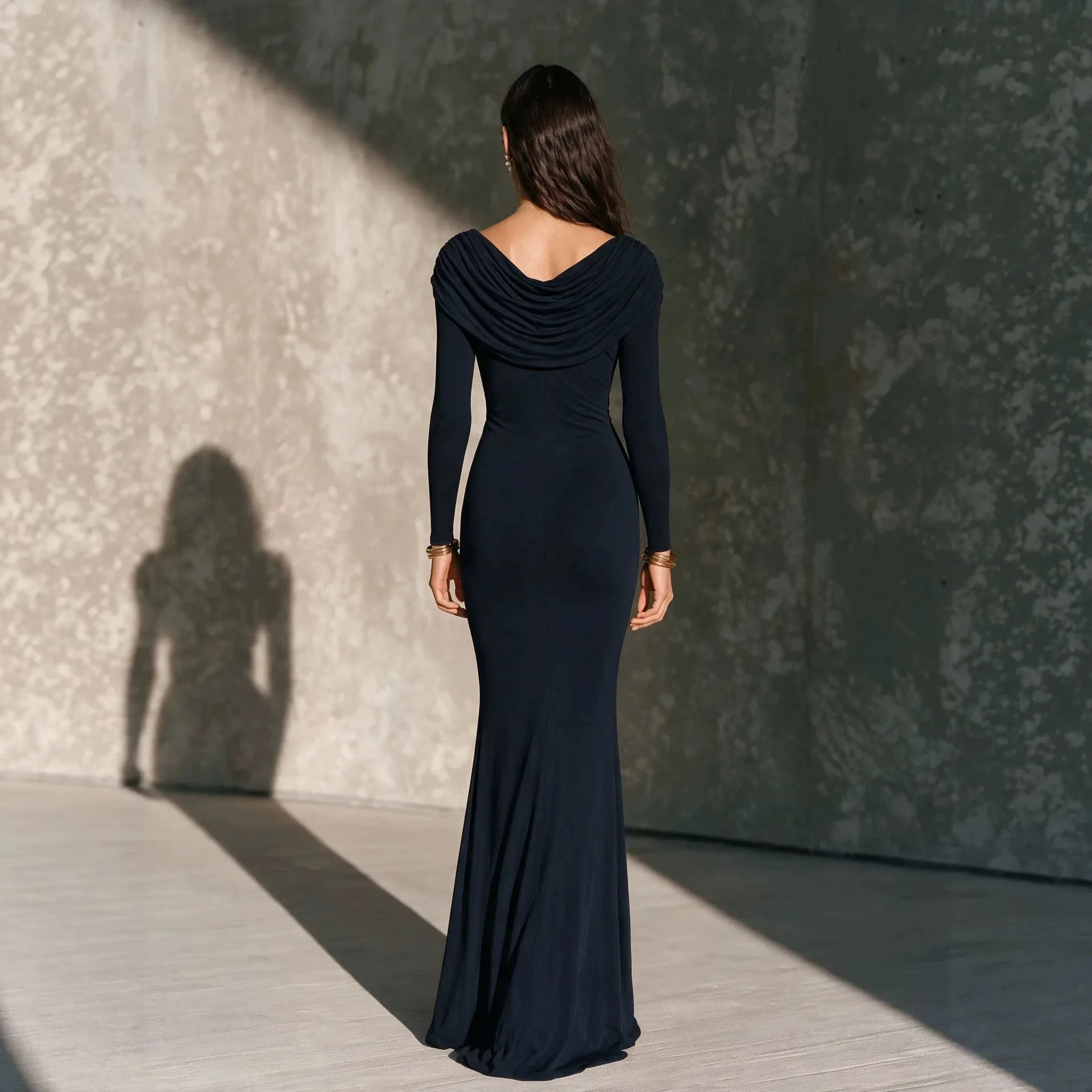 Pullover Long Sleeve Gown with Pleated Dress and Layered Skirt in Socialite Style for Women Mid Rise Waist Fitted Silhouette