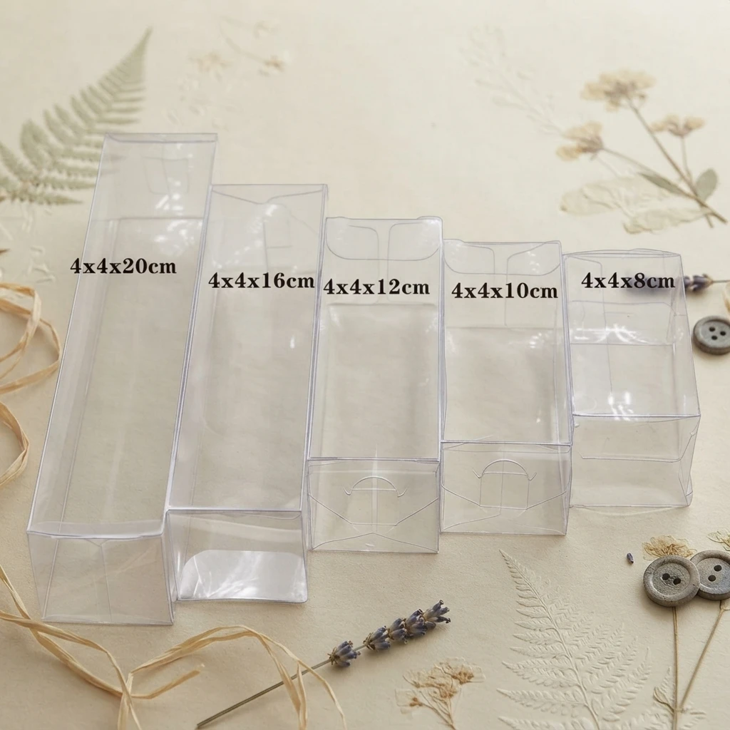 1 Los, 10 Stück, transparente PVC-Geschenkboxen in verschiedenen Größen, 4x4x8 bis 4x4x20 cm, für Hochzeiten, Weihnachten, Süßigkeiten, Schokolade, Äpfel, Verpackung für Veranstaltungen.
