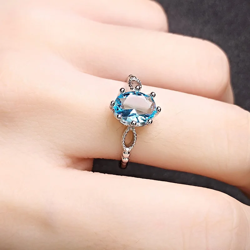 Elegant temperament cross-border imitation aquamarine ring plated white gold blue crystal diamond ring