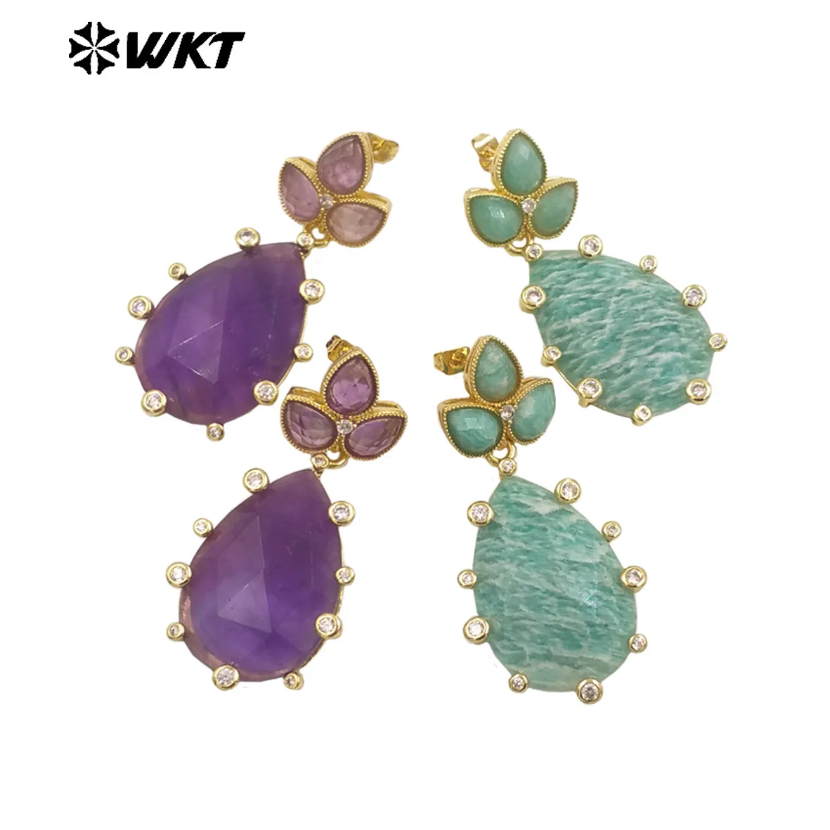 WT-E756 Gorgeous Precious Natural Amazonite Amethyst Gemstone Carved Long Teardrop Earrings With Zircon Around Trend Style