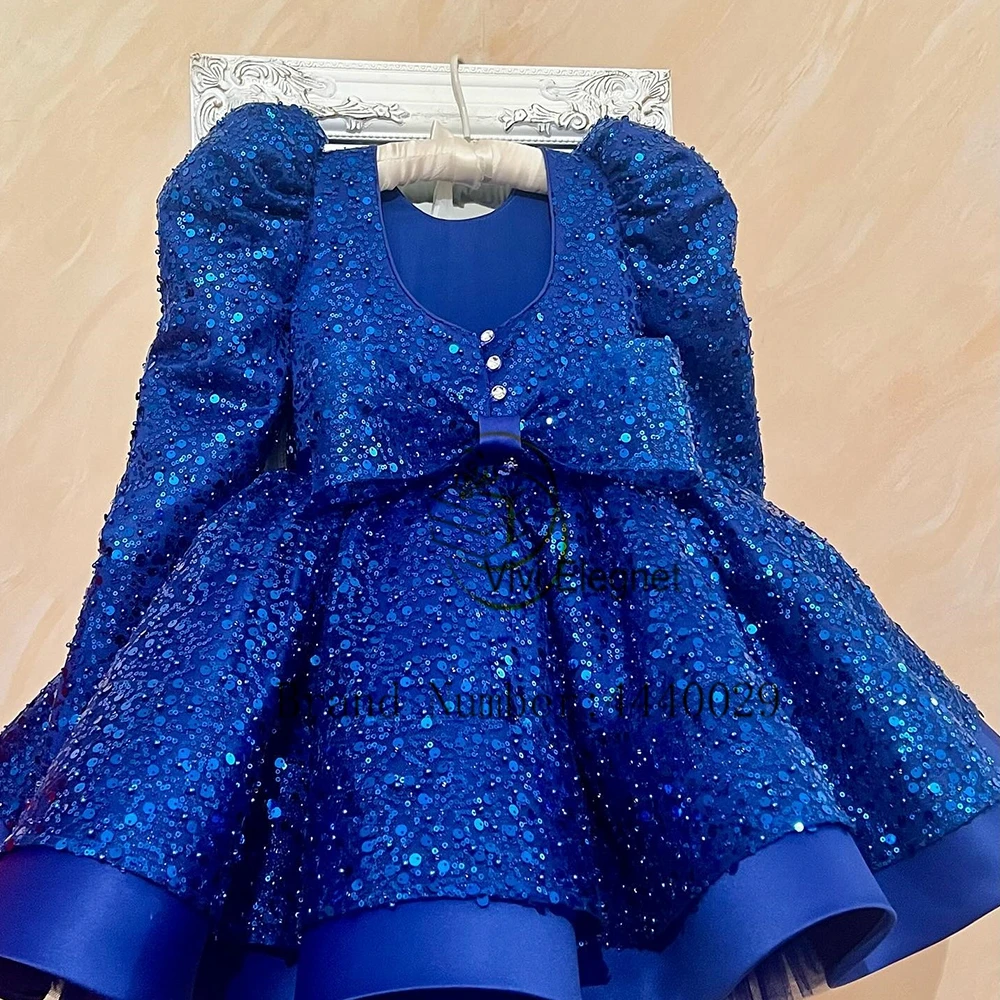 Royal Blue Full Sleeve Flower Girls Dresses with Sequined New Tiered 2024 Summer New Scoop Christmas Gowns فلور فتاة اللباس