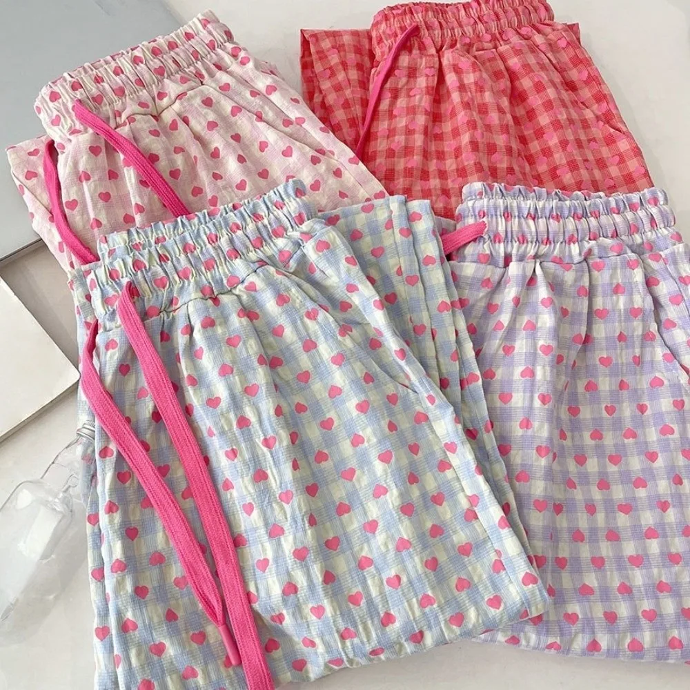Casual Korean Style Plaid Heart Long Pants Comfortable Colorful Loose Trousers Soft Draped Design Drawstring Pants Office Casual