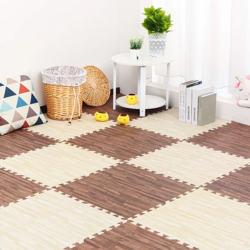 Wood Pattern Flooring Square Puzzle Living Room Rug Waterproof and Non-slip Stitching Mat Baby Sports Play Mat Decorative Carpet