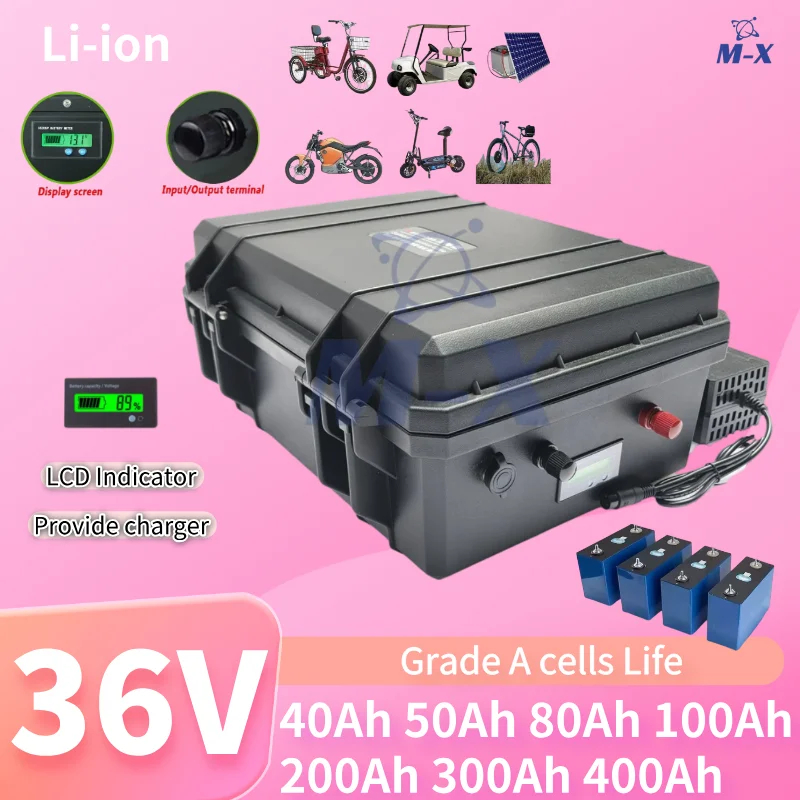 

M-X 36V 40Ah 50Ah 80Ah 100Ah 200Ah 300Ah 400Ah lithium ion battery pack for 4000W 2000w tricycle scooter boat Solar energy EV
