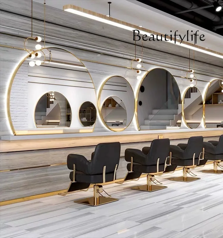 Round mirror hairdressing single-sided wall-mounted barber shop mirror table with lamp semi-circular perm and dyeing mirror