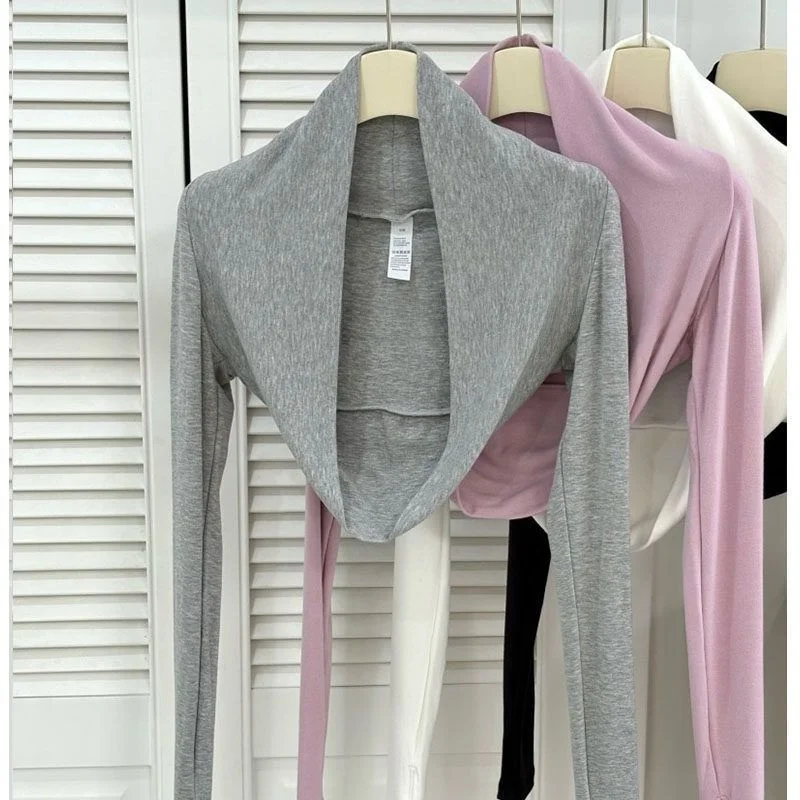 Modale Short Yoga Jacket Women's Sporty Shoulder Wrap Sun Protection Fitness Wear Korean Style Splice Long Sleeve round Neck