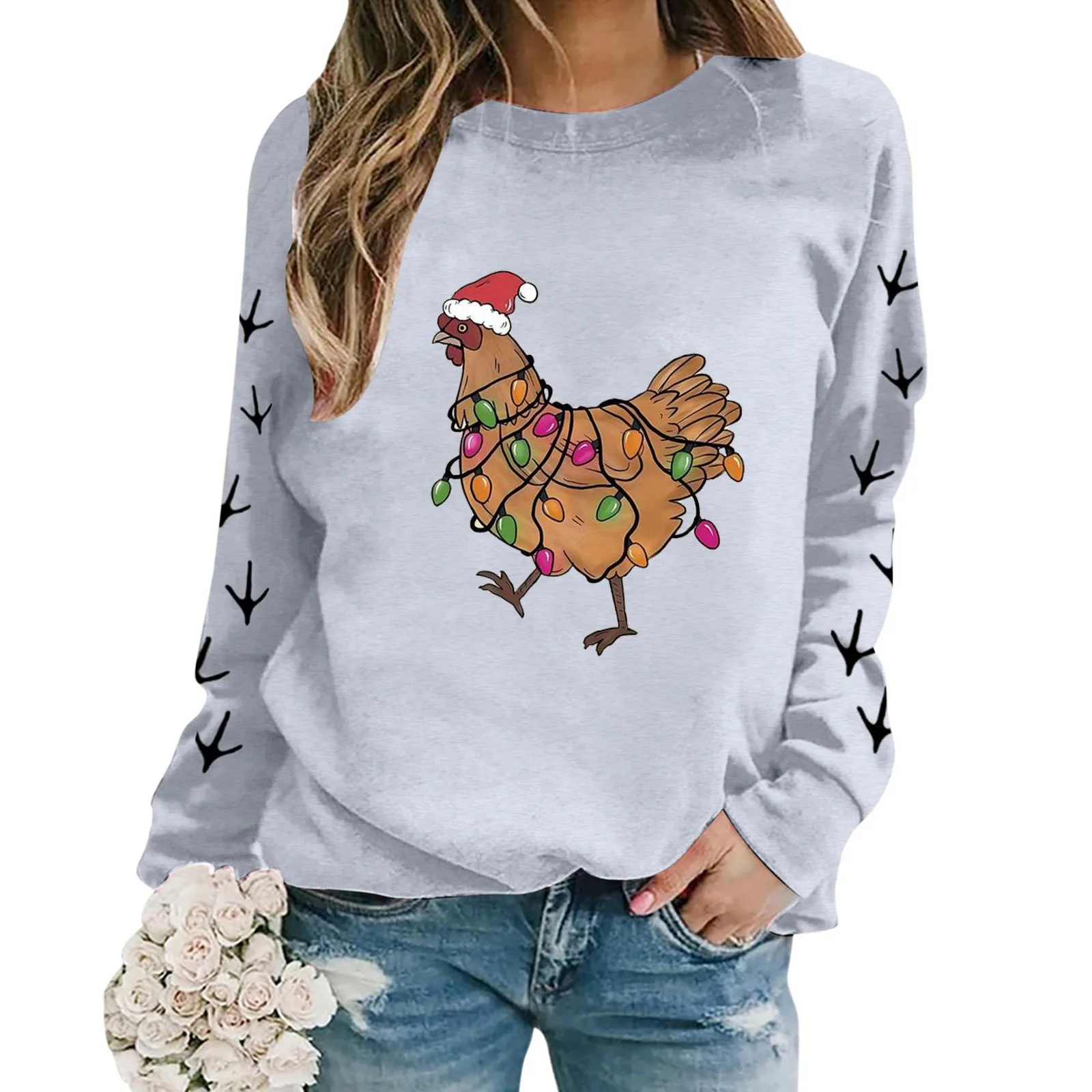 Loose Fit Festive Sweatshirts Christmas Oversize Long Sleeve Pullover Crewneck Chicken Printed Lightweight Hoodies Women