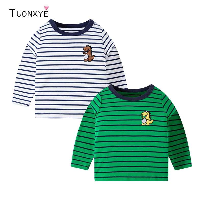 

TUONXYE Boys Cartoon Striped Embroidered Dinosaur Long Sleeve T-shirt cotton breathable soft casual children's bottoming Clothes