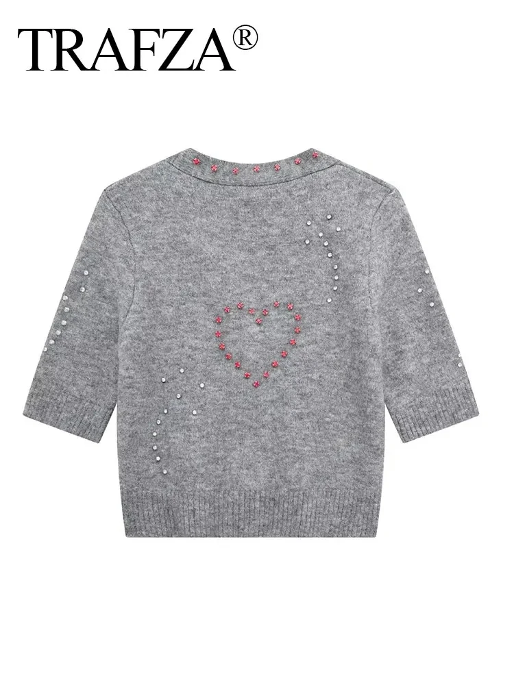 TRAFZA Knit Grey Love Cardigan For Women Casual V-Neck Slim Short Sleeve Female Sweater 2024 Fashion Single Breasted Lady Top