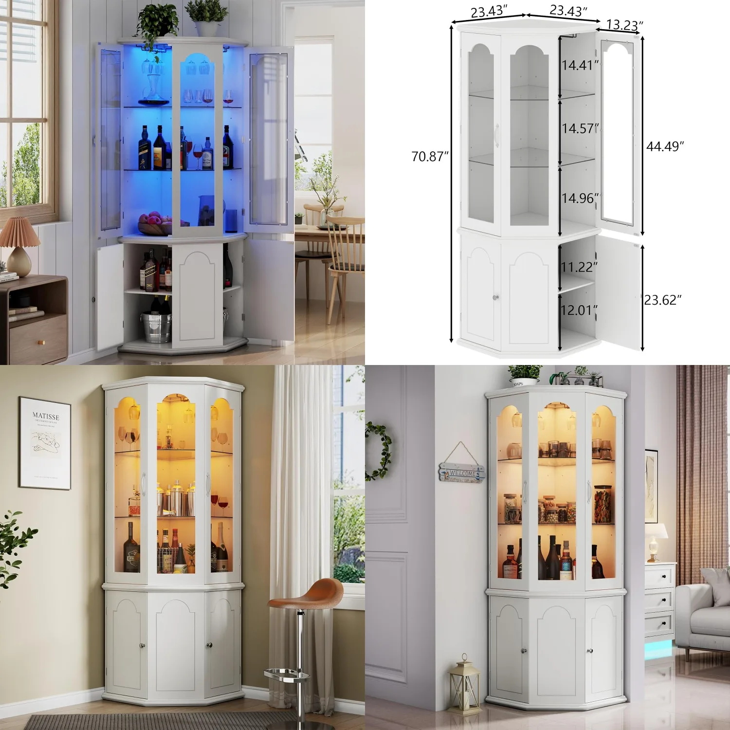 

Угловой высокий барный шкаф с LED-подсветкой, дверцами из закаленного стекла, регулируемой полкой и стеклянной вставкой, для гостиной и столовой, белый, на заказ