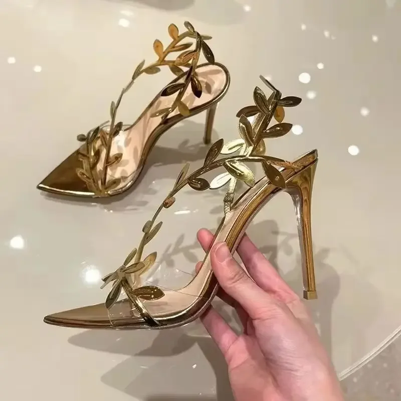 

Golden Leaves Pointed Toe Sexy Women Sandals 2025 Spring Summer New Stiletto Gold High Heels French Open Toe Slingback Sandals