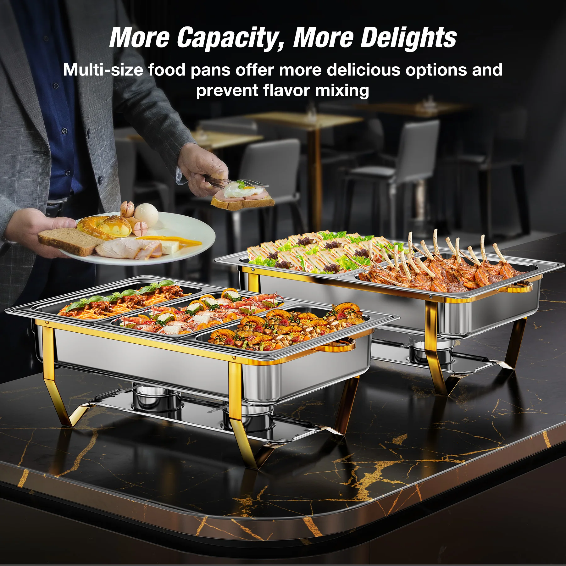 Factory Direct 2026 Warmounts Luxury Stainless Steel Food Warmer Set 8QT Gold Buffet Chafing Dish 2/4 Pack for Hotel Restaurant