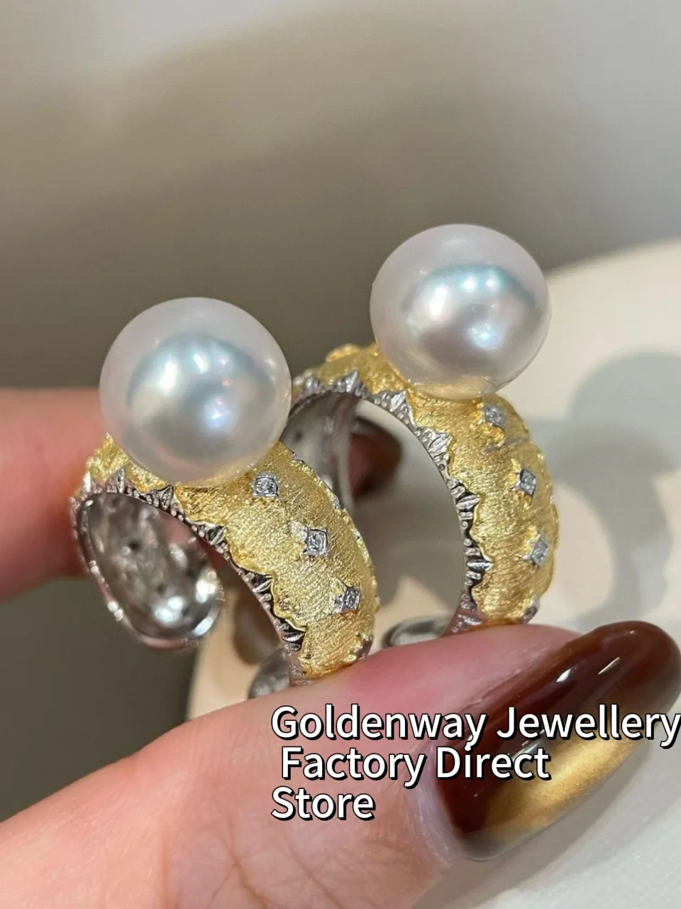 

Certificated Bucci Style 925 Silver Freshwater Pearl Rigato Rings Two-tones Natural Pearl 10-11m Gold Finger Band Women Jewelry