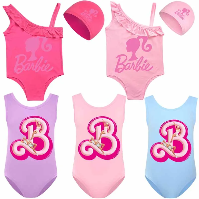 Barbie Cartoon Cute Children One Piece Swimwear Girl Baby Swimming Suit Cap Summer Beach Bikini Bathing Swimsuit 2-16 Years