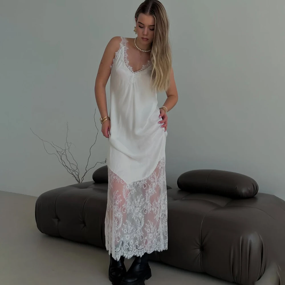 

Tuularose Fashion V-Neck Lace Dress Women Summer New Lace See Through Patchwork Backless Party Dress Elegant Women Evening Dress