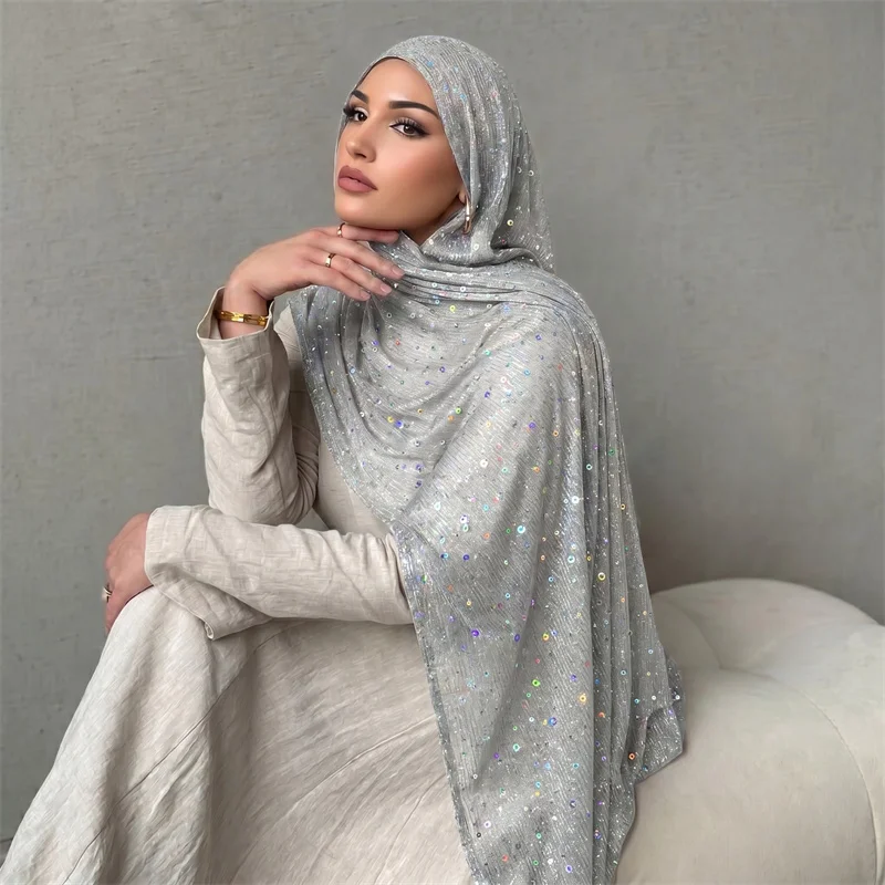 Glitter Sequin Polyester Hijab Soft Flow Muslim Head Wrap Shimmer Scarf Women Formal Wedding Celebration Outer Accessory