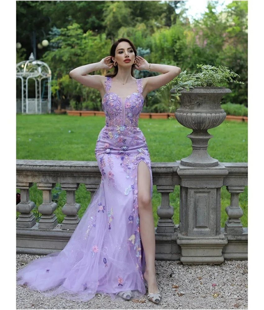 

Вечернее платье Lzhk на заказ: сексуальное, из тюля, фасон «русалка», на тонких бретелях, с цветочными аппликациями, элегантное, с вырезом «сердечко», для торжественных мероприятий.