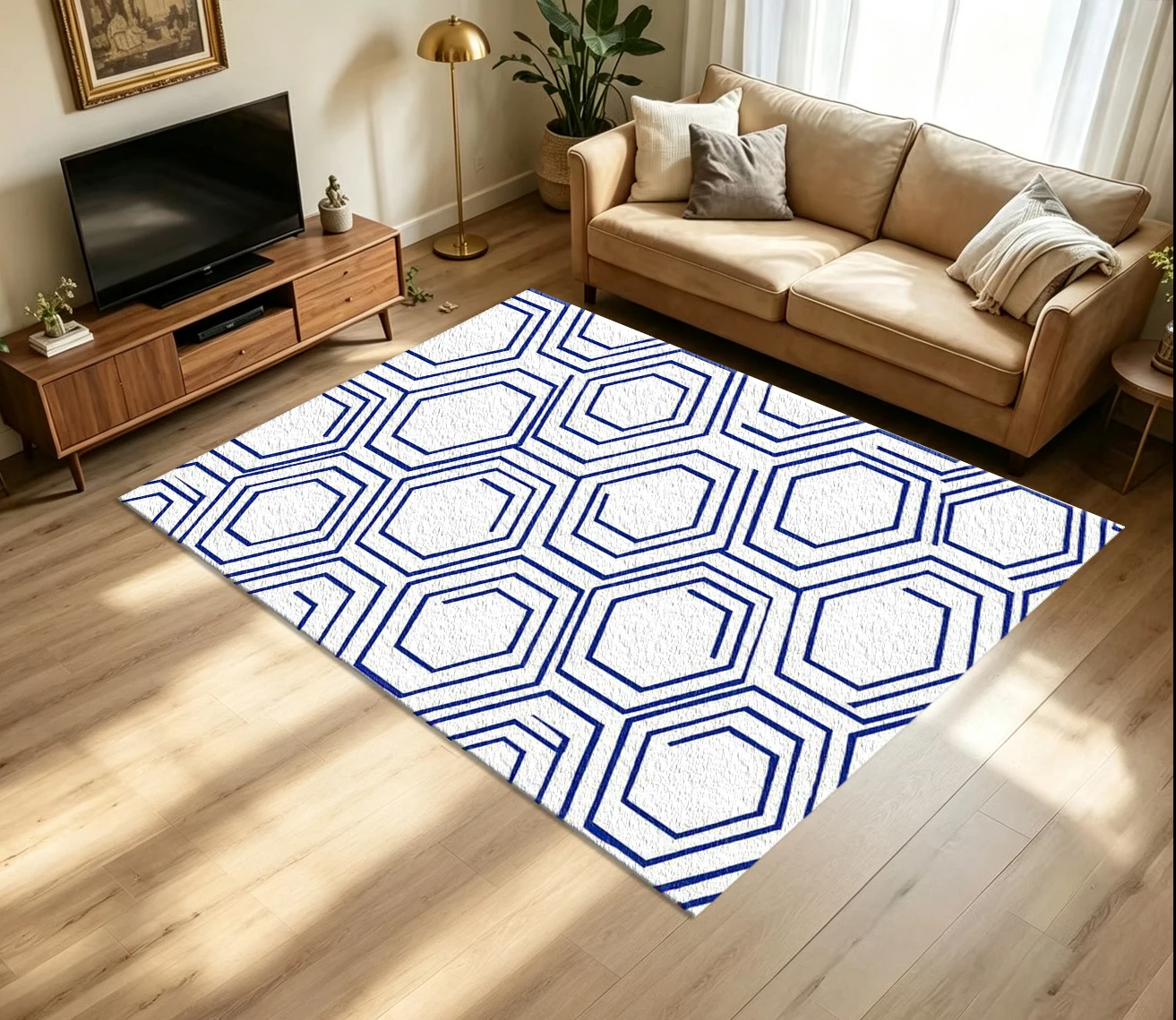 Modern Geometric Hexagon Pattern Carpet Flooring, Stylish Abstract Line Art Non-Slip Floor Mat for Indoor Home Decoration