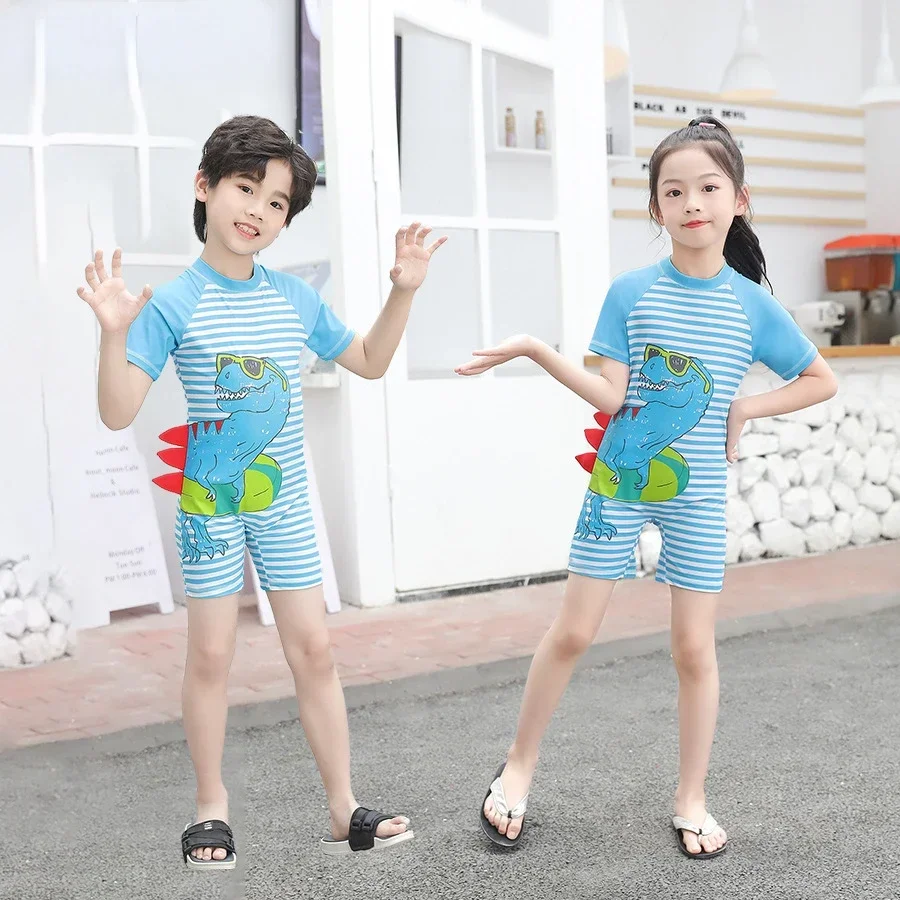 Children's Striped Swimsuit, 3D Dinosaur Sunscreen One Piece Swimwear, Short Sleeve, Boys' and Girl Hot Spring Clothes, Summer