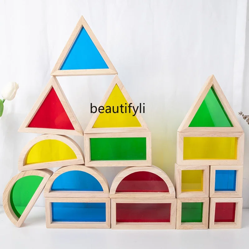 Large block wooden building block translucent acrylic rainbow building block educational toys for infants and children