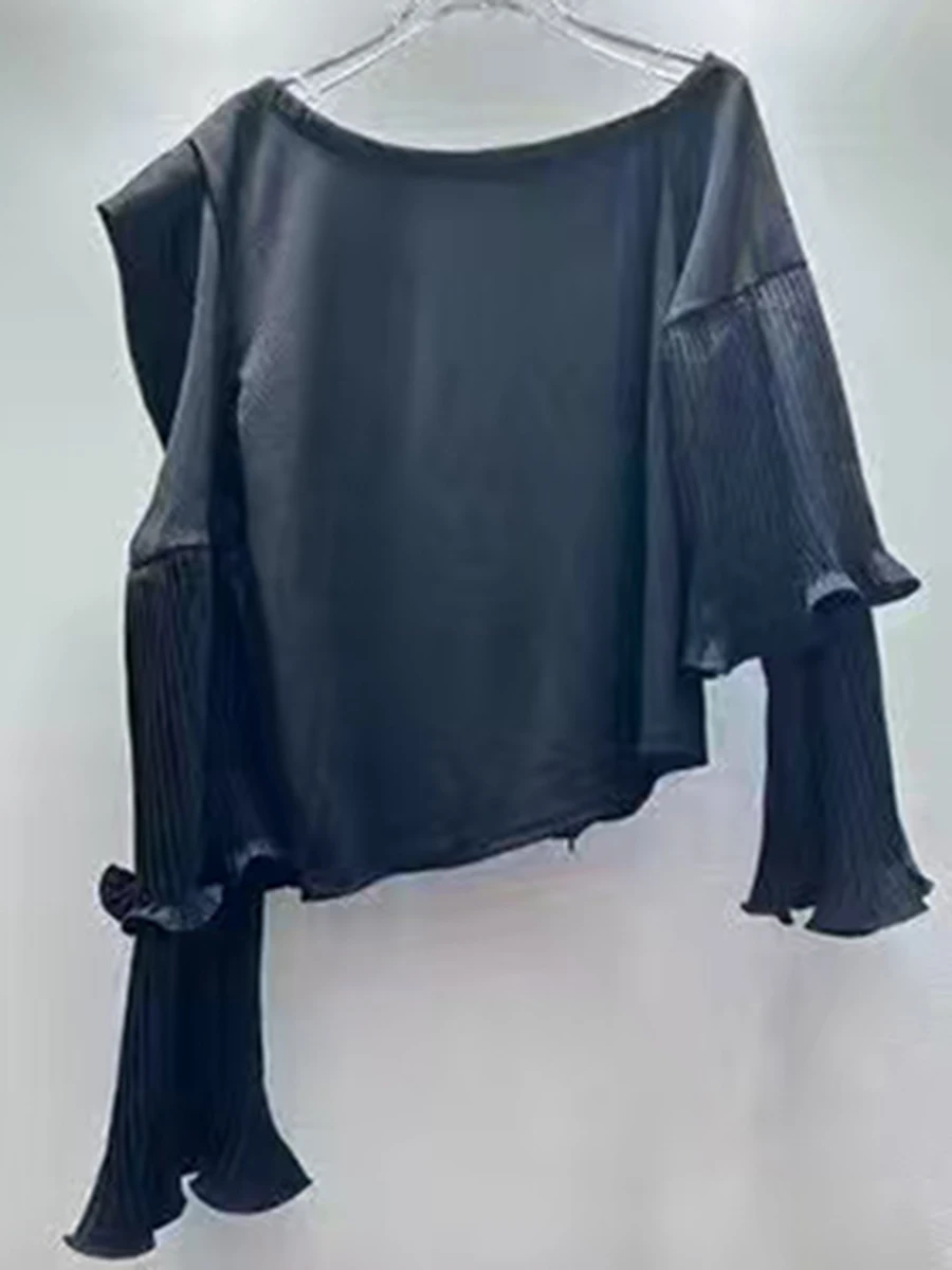 GALCAUR 無地 スプライス プリーツ レディース ベーシック Tシャツ Oネック フレア袖 ルーズ カジュアル シック 女性用 Tシャツ 秋 ファッション スタイル 新作