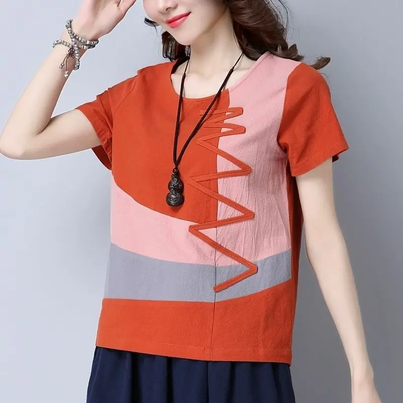 2026 Ethnic Women's Cotton Linen Artsyretro Short-sleeved Tops Summer Loose Bottom Shirt New Arrival Graphic T Shirts