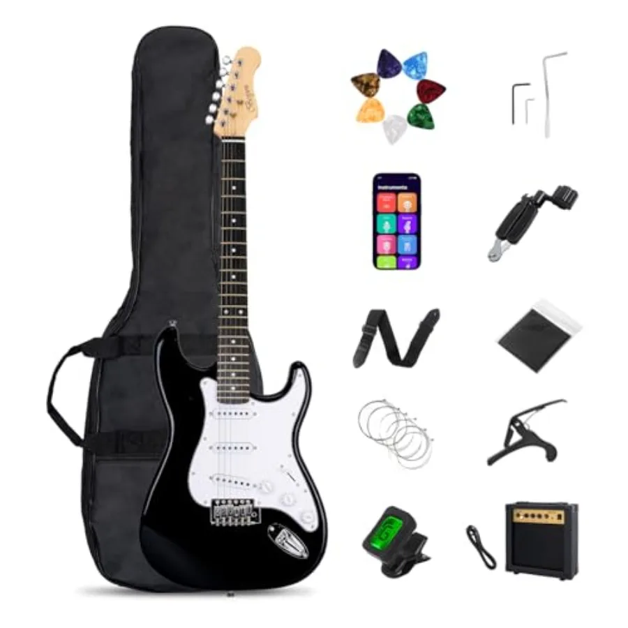 

39 Inches Full Size Electric Guitar Beginner Kit with 10W Amp Classic SSS Pickup Black Guitar with Gig Bag Tuner Capo Strap Pic