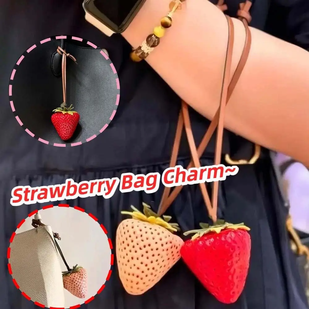 

Waterproof Strawberry Key Ring Elegant Alloy Versatile Bag Charm PU Hanging Rope Handmade Red Resin Fruit Pendant Car Key